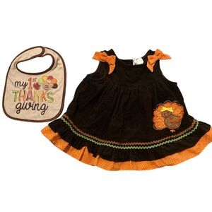 Rare Editions Thanksgiving Turkey Appliqué Brown Corduroy Dress w/ Bonus Bib 6M